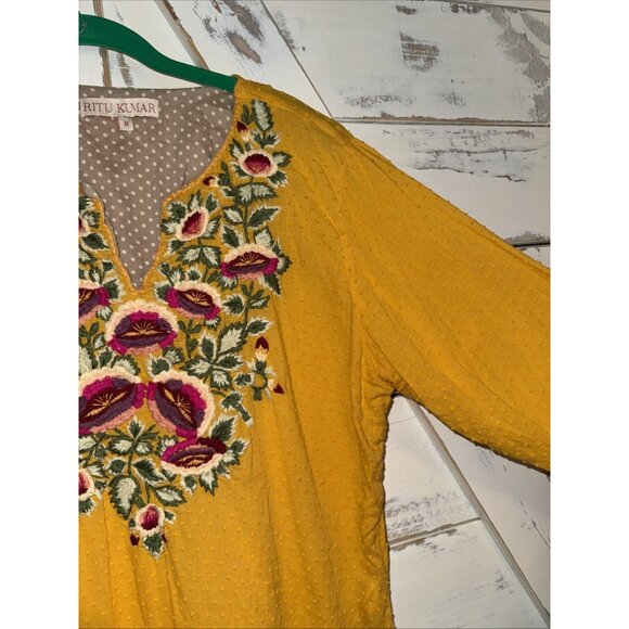 Ritu Kumar Embroidered Dress Kurta Size M Yellow Floral Boho Festival Resort - Picture 7 of 11
